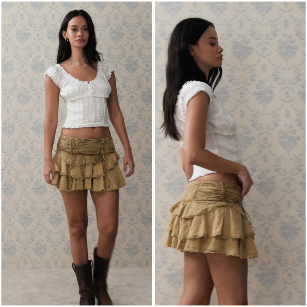 Kalani Broderie Eyelet Velvet Mini Skirt L Boho Gauze Ruffle Fairycore Peasant